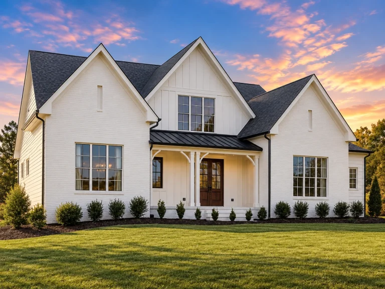 Front elevation of a New American Modern Traditional house with painted brick exterior, symmetrical gables, and classic Southern proportions