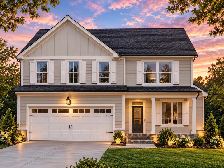 Front view of a Traditional Modern Farmhouse with board and batten siding, black shutters, and covered front porch entry