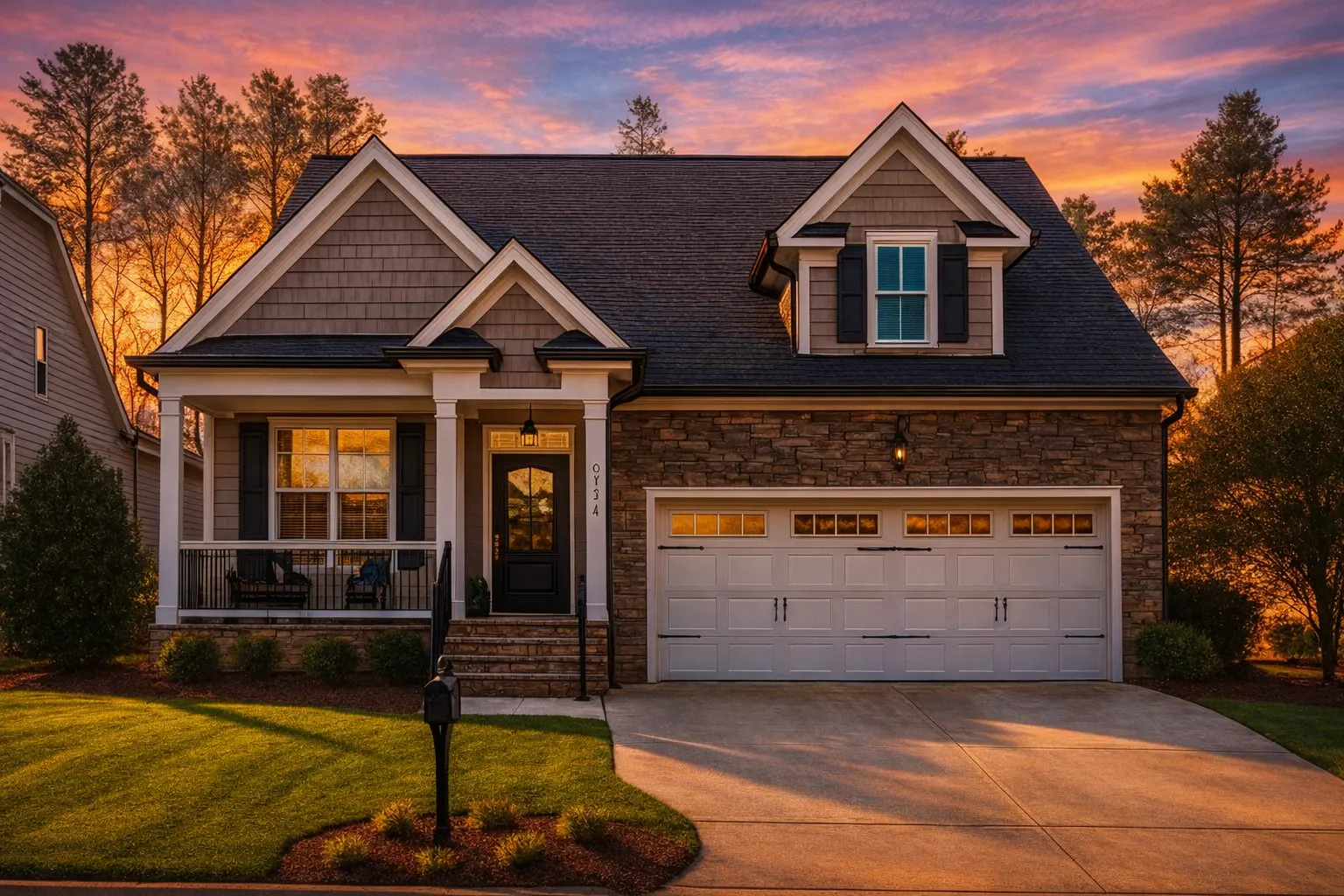 Front elevation of a New American modern traditional house with brick exterior, Craftsman detailing, gabled rooflines, and a covered front porch