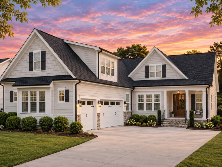 Front elevation of Traditional Classic Suburban home with horizontal lap siding, gabled rooflines, shutters, and double garage