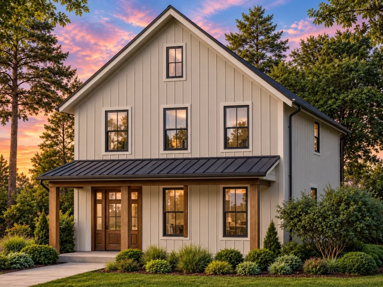 Log Cabin House Plans 25 Front elevation of a Modern Farmhouse style home with white board and batten siding, black standing seam metal roof, symmetrical windows, and covered front porch