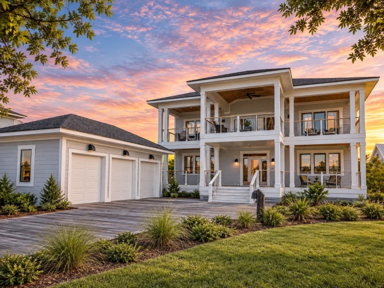 Front elevation of a Low Country coastal style home with painted siding, double front porches, and Southern architectural symmetry