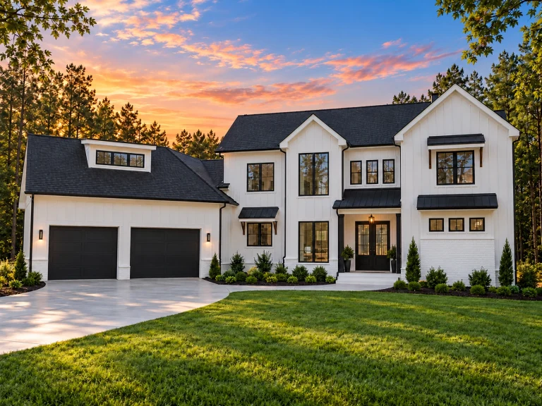 Cottage House Plans 14 Front elevation of a modern farmhouse style luxury home featuring painted brick, board-and-batten siding, black-framed windows, and side-entry garage