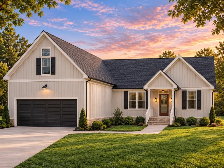 Front view of a Modern Farmhouse ranch-style home featuring board and batten siding, gable rooflines, covered porch, and a two-car garage.