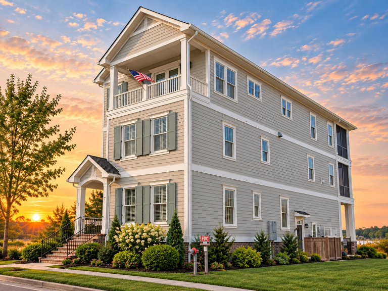 Front elevation of a Traditional Colonial style home with horizontal siding, brick foundation, black shutters, and symmetrical three-story design