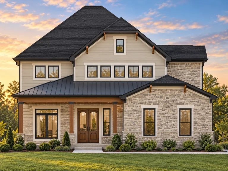 Front elevation of a New American Modern Traditional style home with horizontal siding, stone accents, black windows, and a covered front porch