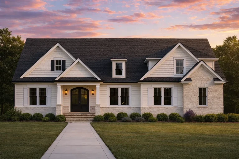 Front elevation of a Cape Cod traditional style home featuring horizontal siding, stone accents, symmetrical dormers, and a covered front porch