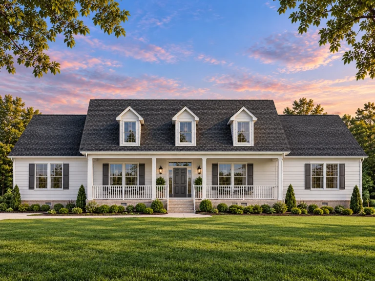 House Plans with Functional Layout 21 Front elevation of a Traditional Colonial Cape Cod style home featuring horizontal siding, dormers, shutters, and a full-width covered porch
