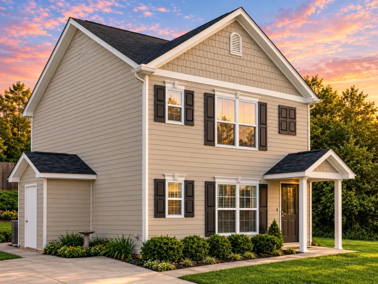 Front elevation of a traditional Colonial-style two-story home featuring white horizontal siding, black shutters, symmetrical windows, and a centered gable roofline