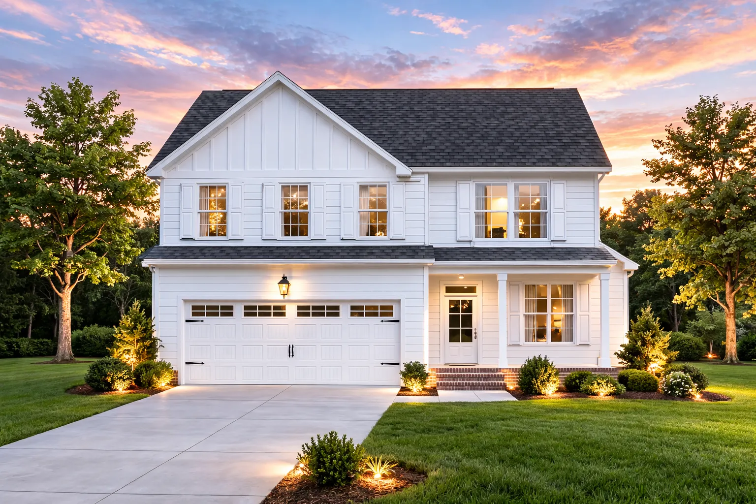 Front view of a Traditional Modern Farmhouse with board and batten siding, black shutters, and covered front porch entry