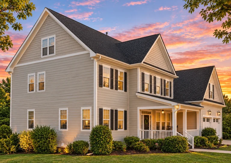 Affordable House Plans 8 Front exterior view of a Traditional Colonial style home with white horizontal siding, black shutters, gabled roof, and welcoming covered front porch