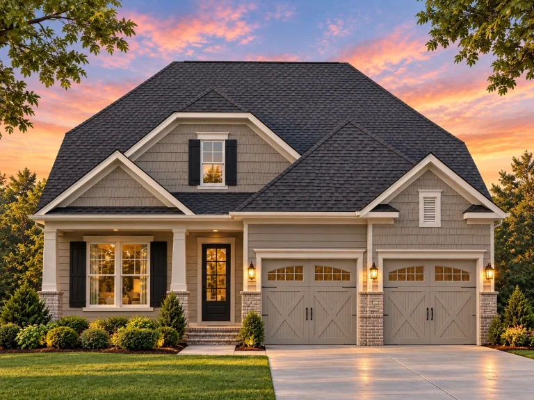 Contemporary House Plans 13 Front view of a Traditional Cape Cod style home featuring horizontal siding, shingle accents, and a stone foundation trim with symmetrical dormers and a two-car garage.