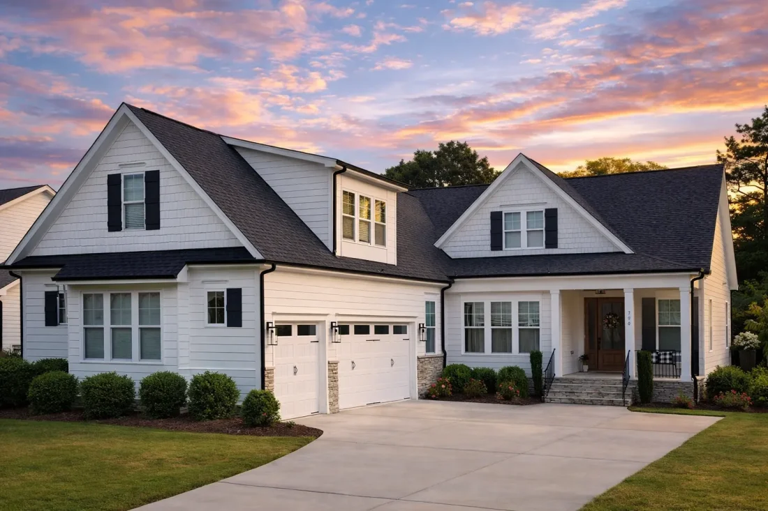 Front elevation of Traditional Classic Suburban home with horizontal lap siding, gabled rooflines, shutters, and double garage