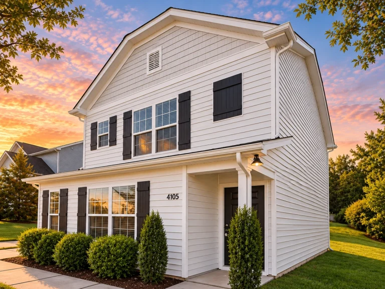 Front elevation of a Colonial style two-story house featuring horizontal lap siding, black shutters, and a traditional covered entry porch with columns.
