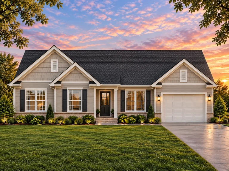 Courtyard House Plans 21 Front elevation of a Traditional Ranch style home with horizontal siding, board-and-batten gable accents, dark shutters, and attached garage
