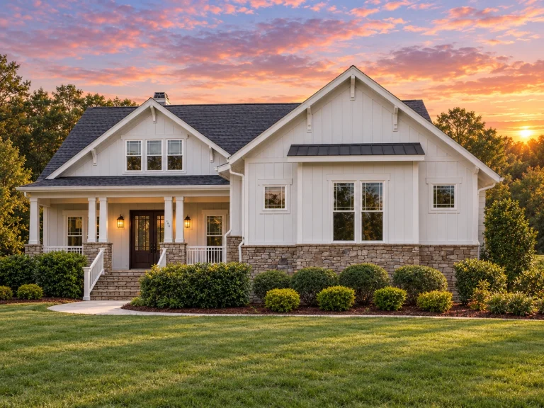 Front elevation of a Modern Farmhouse style home featuring white board and batten siding, stone base accents, gabled rooflines, and a welcoming covered porch