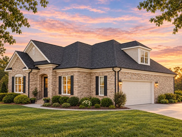 3 Bedroom House Plans 20 Front elevation of a Traditional New American suburban home featuring a brick exterior, gabled rooflines, arched entry, and attached two-car garage