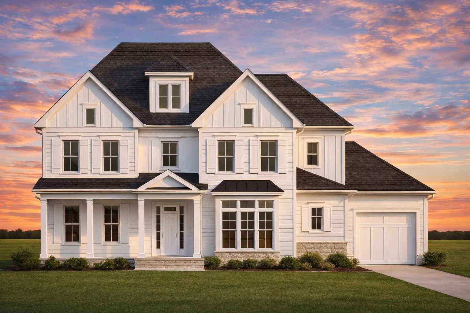 Front elevation of a New American Traditional style home with board and batten accents, horizontal lap siding, symmetrical windows, and covered entry porch