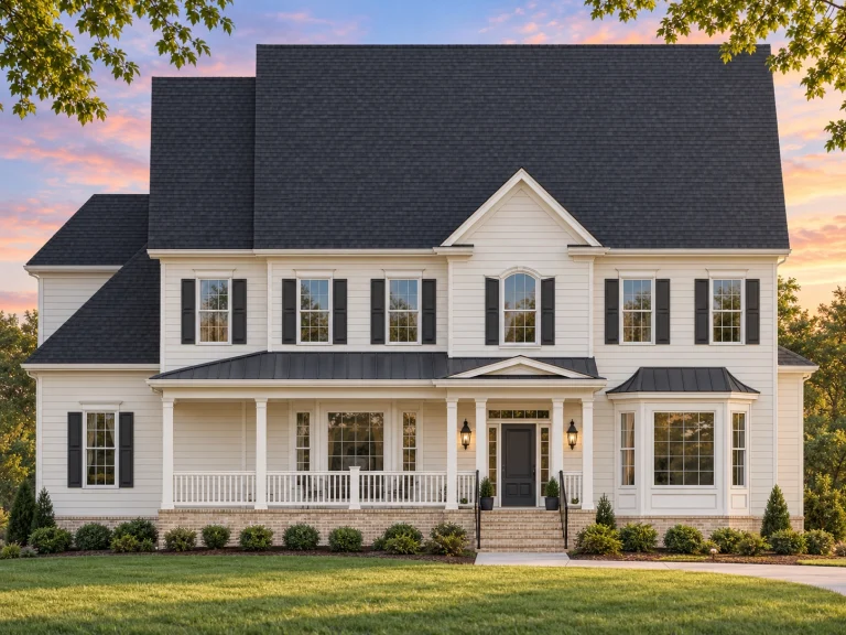 Front elevation of Colonial Revival traditional home with white lap siding, black shutters, symmetrical windows, and covered front porch