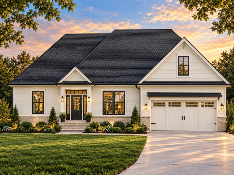 Front elevation of a Traditional Craftsman Farmhouse with stone accents, horizontal siding, shingle gables, and dark-trim windows