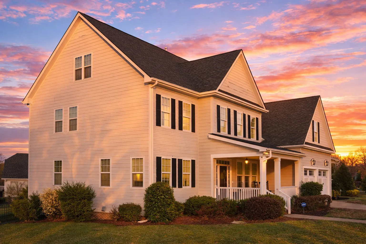 Front exterior view of a Traditional Colonial style home with white horizontal siding, black shutters, gabled roof, and welcoming covered front porch
