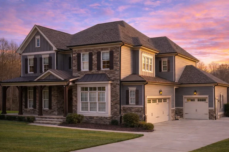 Front elevation of a New American Traditional style home with board and batten accents, horizontal lap siding, symmetrical windows, and covered entry porch