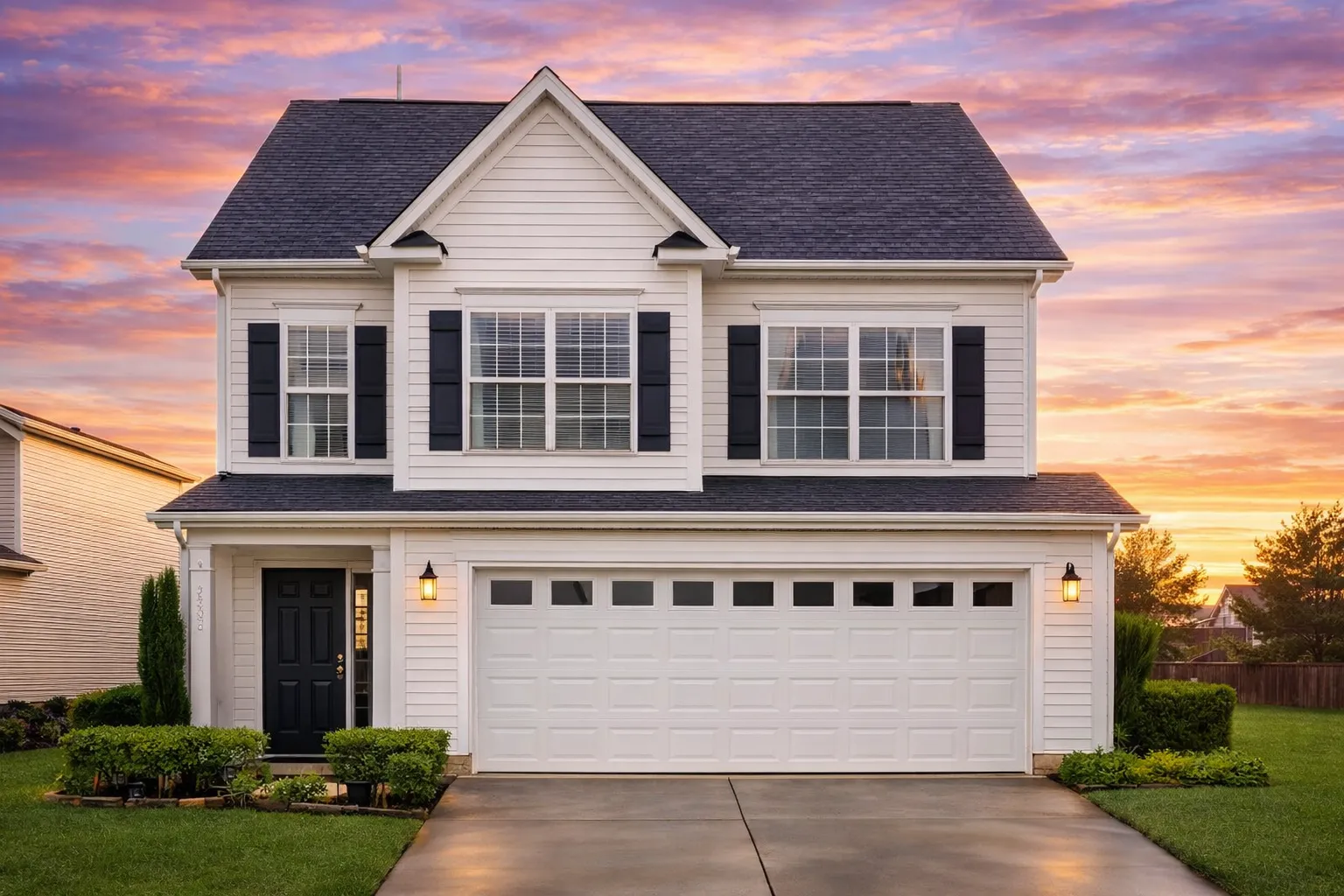 Front view of a Traditional Colonial style house with horizontal siding, black shutters, and stone-accented base creating a balanced and timeless suburban appearance