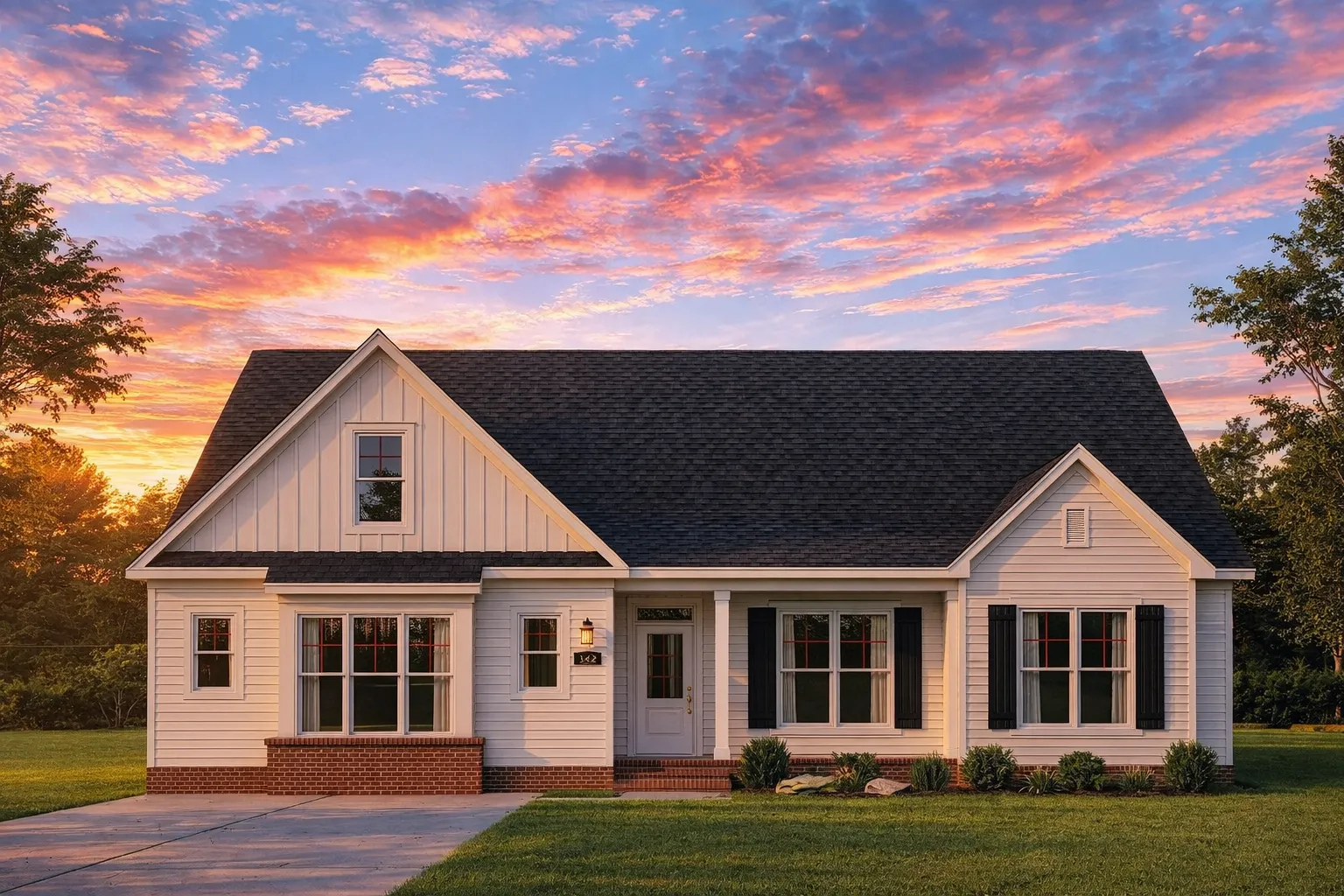 House Plans 17 Front view of a Traditional Craftsman Ranch style home featuring lap siding, brick foundation accents, and gable detailing with dark trim contrast