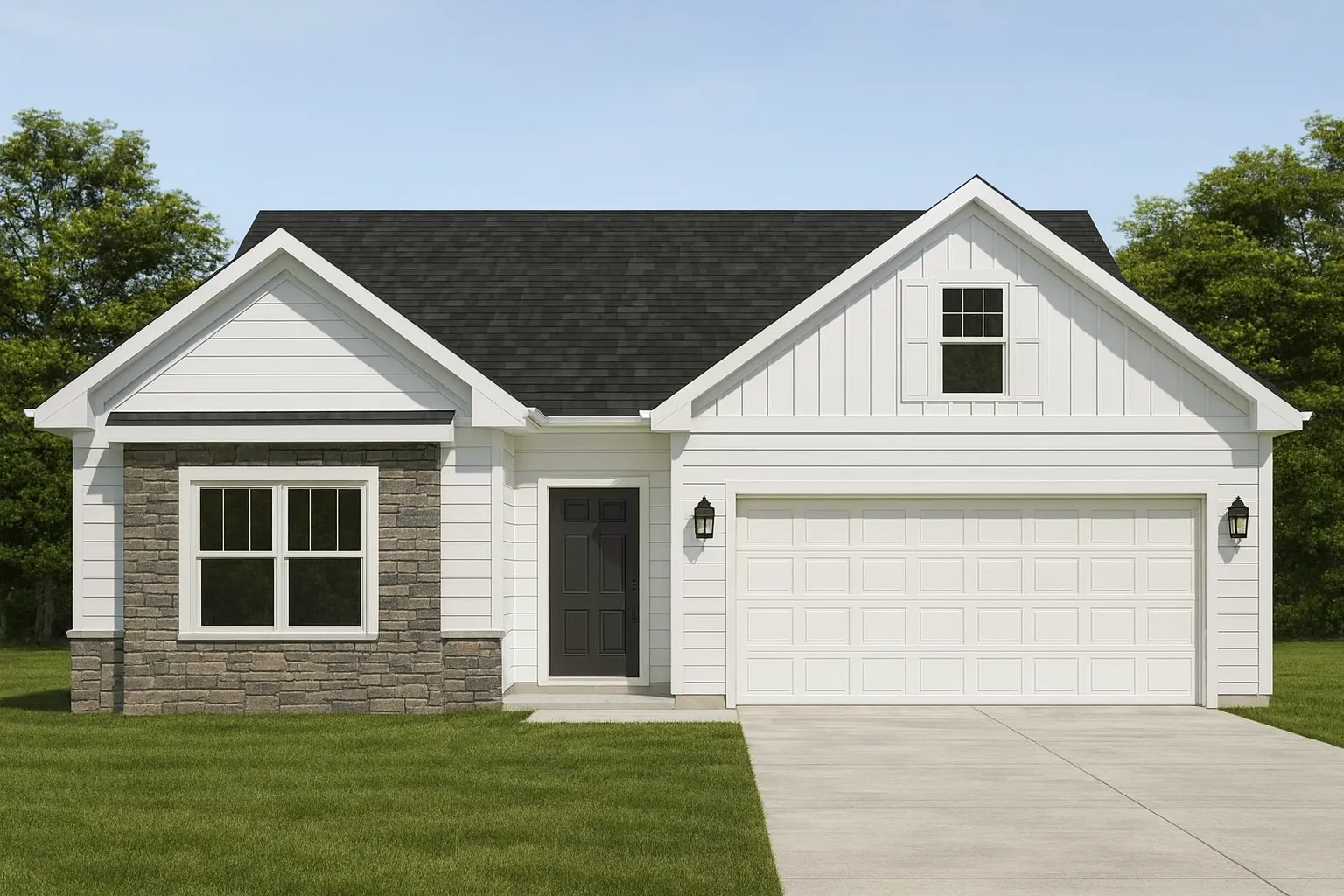 American House Plans 19 Front elevation of a Modern Farmhouse Ranch style home featuring board and batten siding, horizontal lap siding, stone veneer, and a clean symmetrical façade