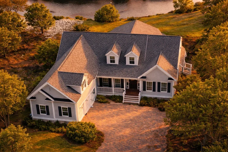 House Plans 1 Aerial view of a Cape Cod style coastal home with horizontal siding, dormer windows, and a welcoming covered front porch