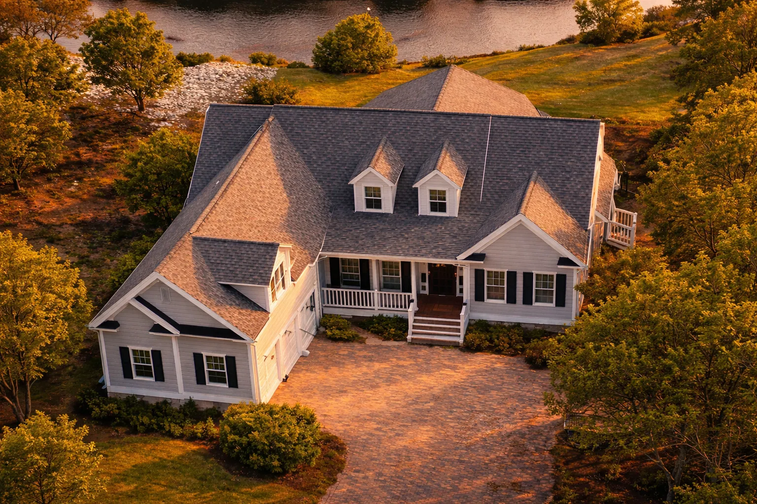 Aerial view of a Cape Cod style coastal home with horizontal siding, dormer windows, and a welcoming covered front porch