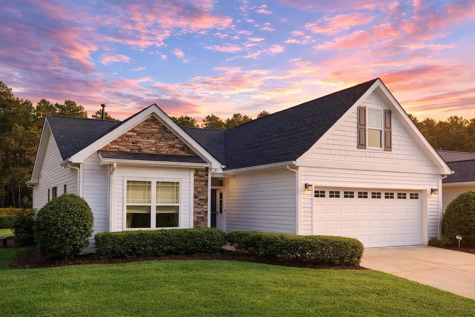 Front elevation of a Modern Farmhouse Ranch style home featuring board and batten siding, horizontal lap siding, stone veneer, and a clean symmetrical façade