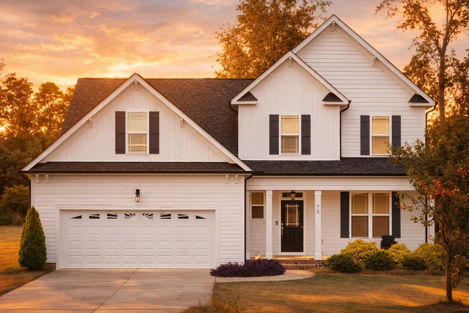 Front elevation of Traditional New American two-story house with white lap siding, black shutters, and attached two-car garage