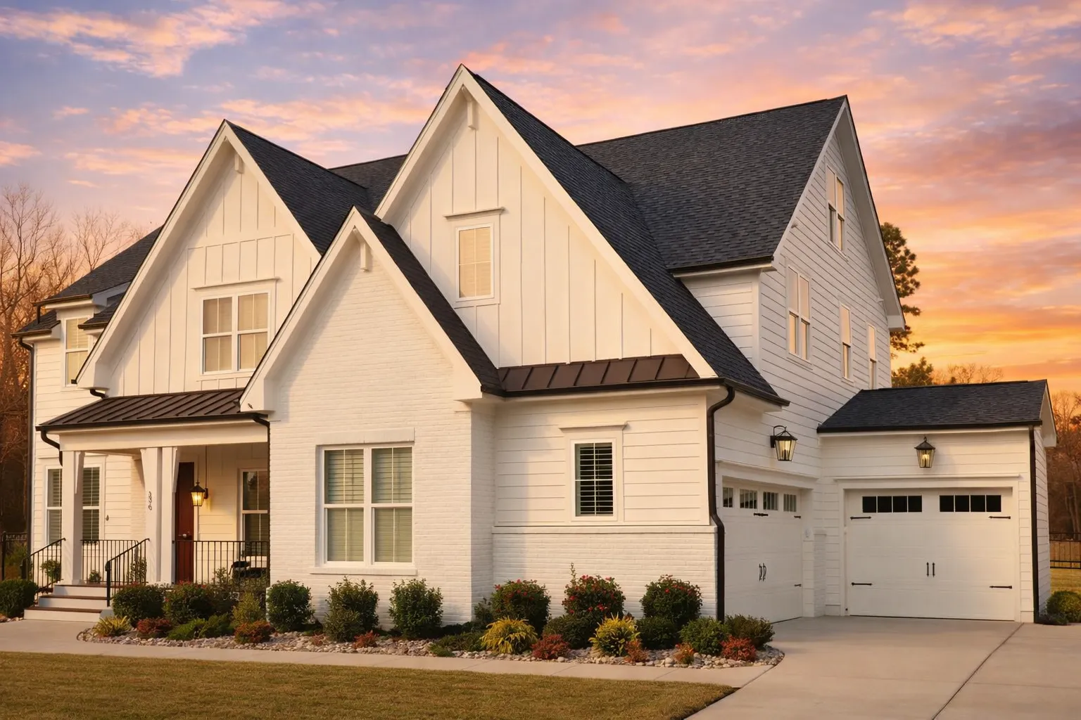 Front elevation of a modern farmhouse home with board and batten siding, horizontal lap siding, dark gable accents, and covered porch