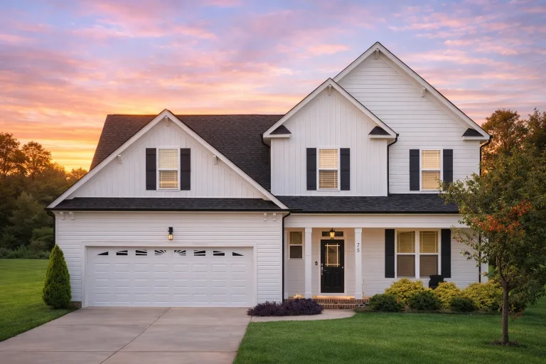 Front elevation of Traditional New American two-story house with white lap siding, black shutters, and attached two-car garage