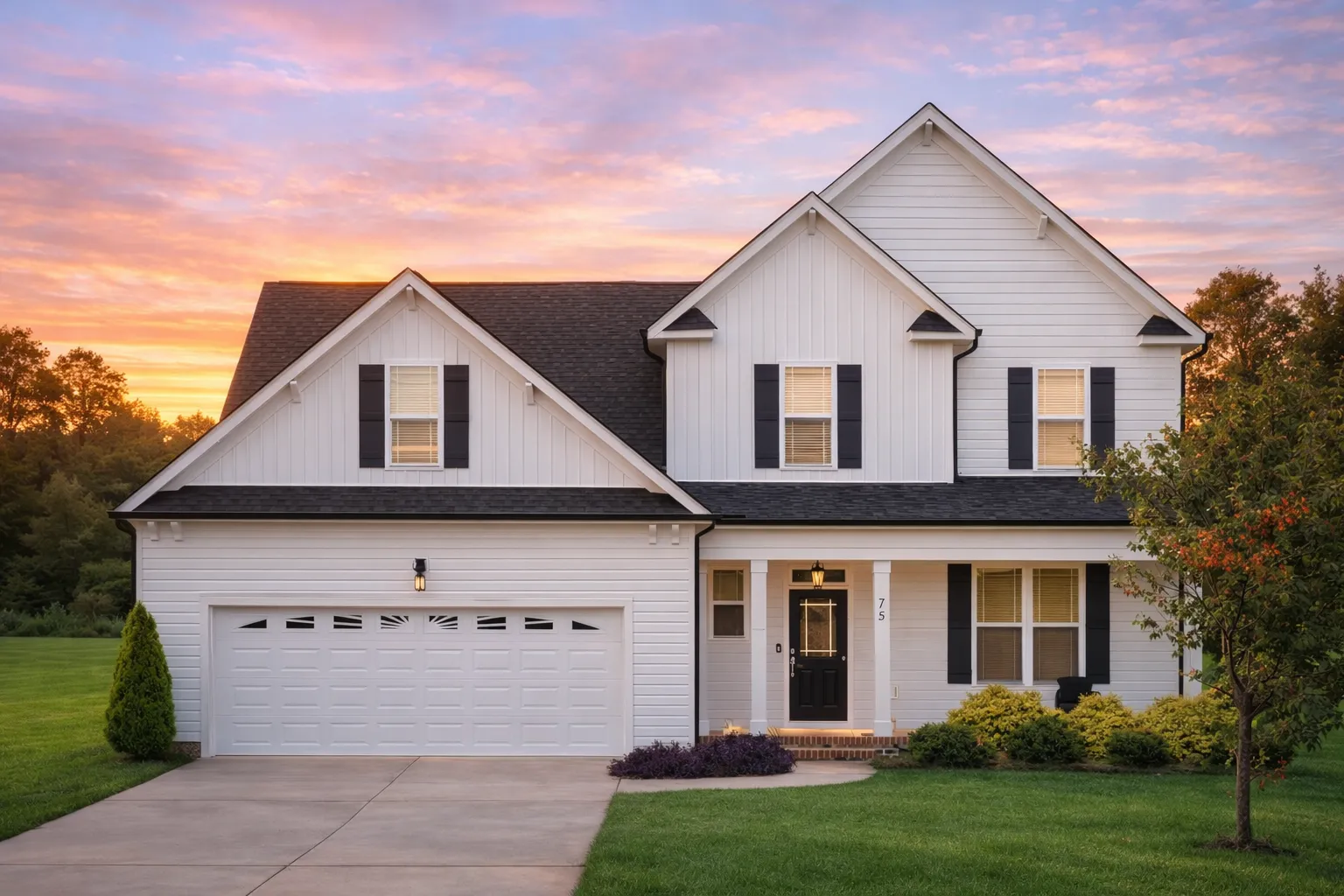 Front elevation of Traditional New American two-story house with white lap siding, black shutters, and attached two-car garage