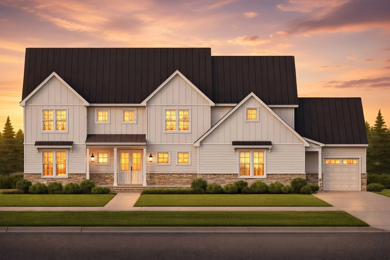 House Plans with Jack and Jill Bathroom 13 Front elevation of a Modern Farmhouse style home featuring board and batten siding, horizontal lap siding, black-framed windows, and a welcoming covered entry