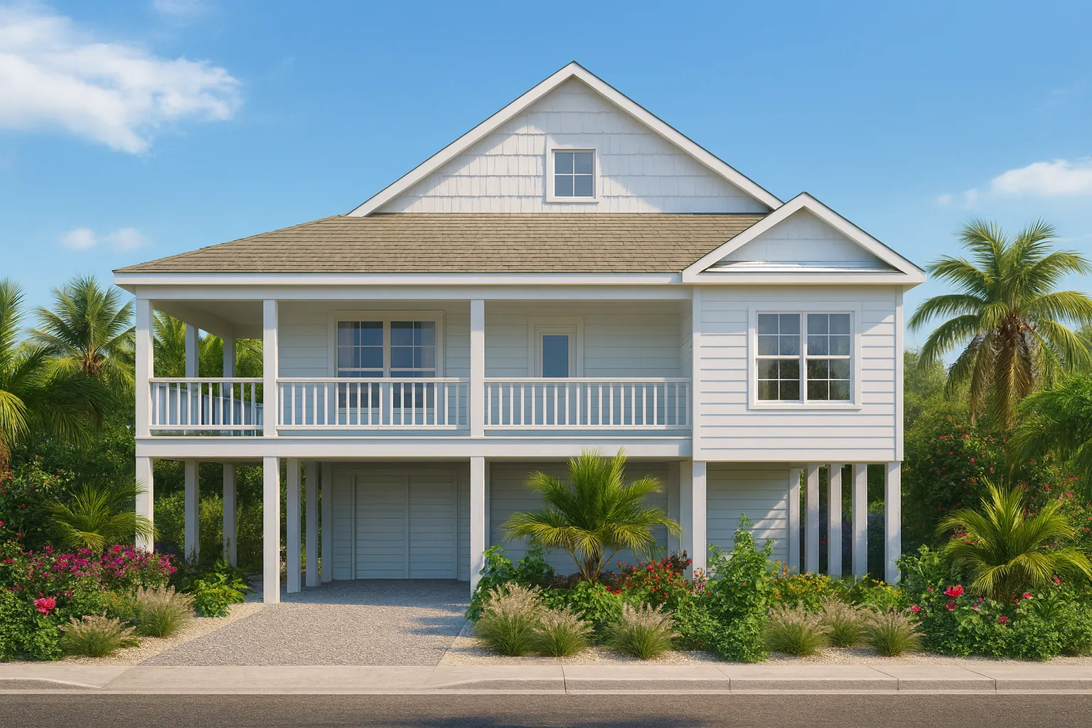 American House Plans 5 Front elevation of a Traditional Suburban two-story home featuring horizontal lap siding, upper balcony, and dual garage design