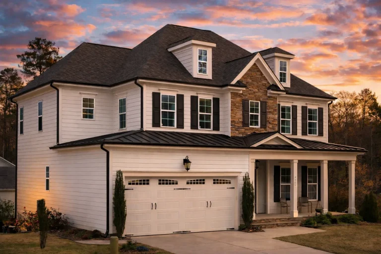 Front elevation of a Traditional Colonial style home featuring lap siding, stone accent entry, dormer windows, and an attached two-car garage