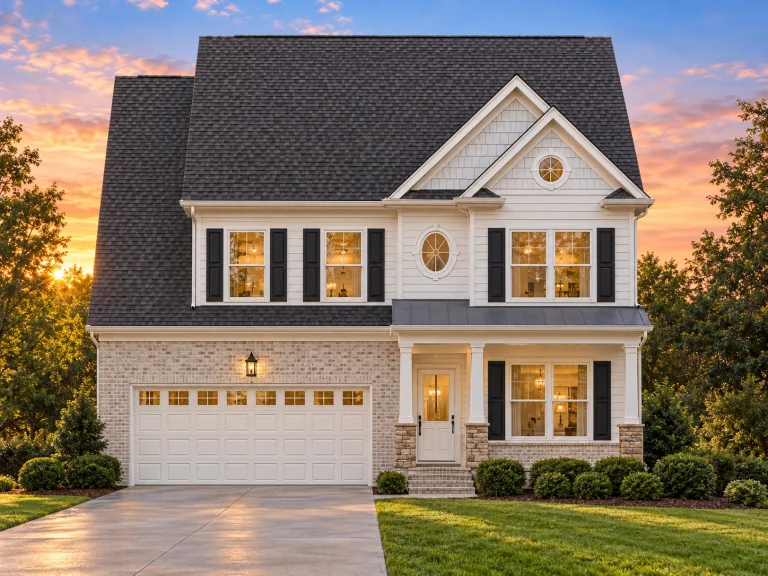 Front view of a two-story Traditional Colonial home with stone veneer, horizontal siding, black shutters, and a covered front entry