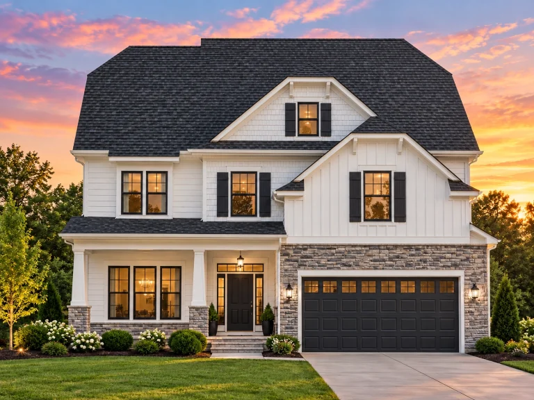Front elevation of a New American Modern Traditional style home with board and batten siding, stone accents, and a welcoming covered porch