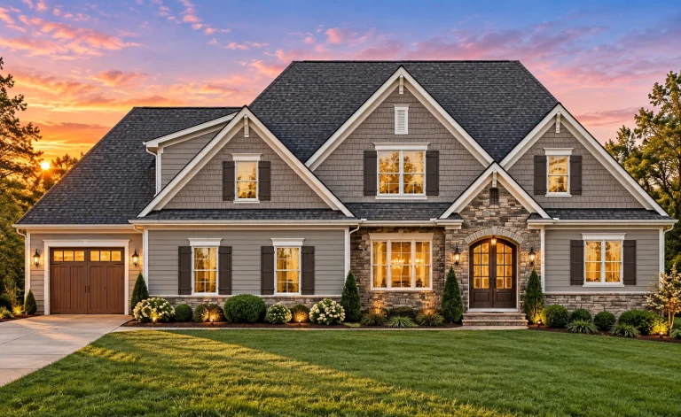 Front elevation of New American modern traditional house with stone accents, horizontal siding, gabled rooflines, and arched entry