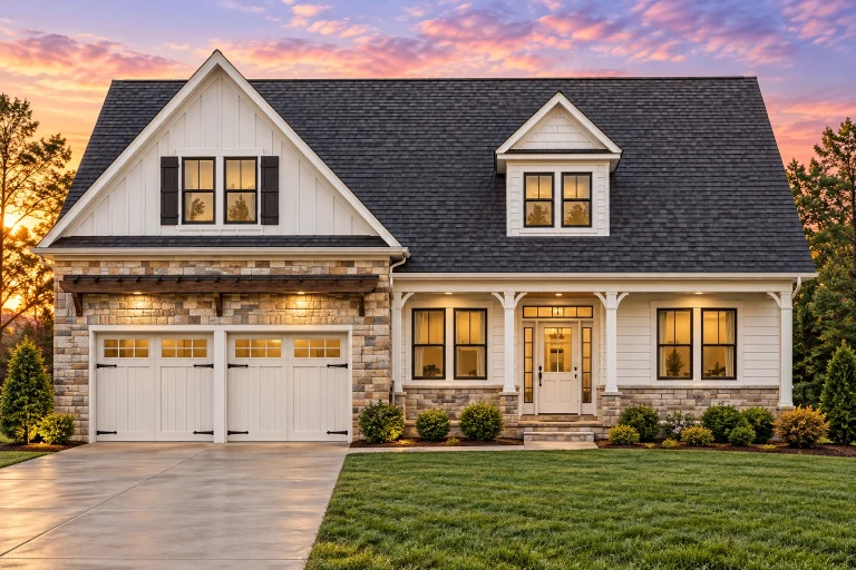 Contemporary House Plans 24 Front elevation of a Modern Farmhouse Cape Cod style home featuring board and batten siding, horizontal siding, stone accents, and a covered porch