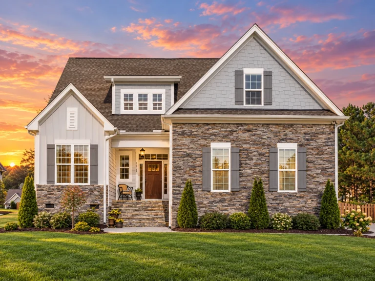 Front elevation of a modern farmhouse style home featuring board and batten siding, gabled rooflines, black front door, and two car garage