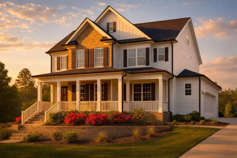Front exterior of a New American modern traditional house featuring horizontal siding, brick gable accents, board and batten details, and a covered wraparound porch