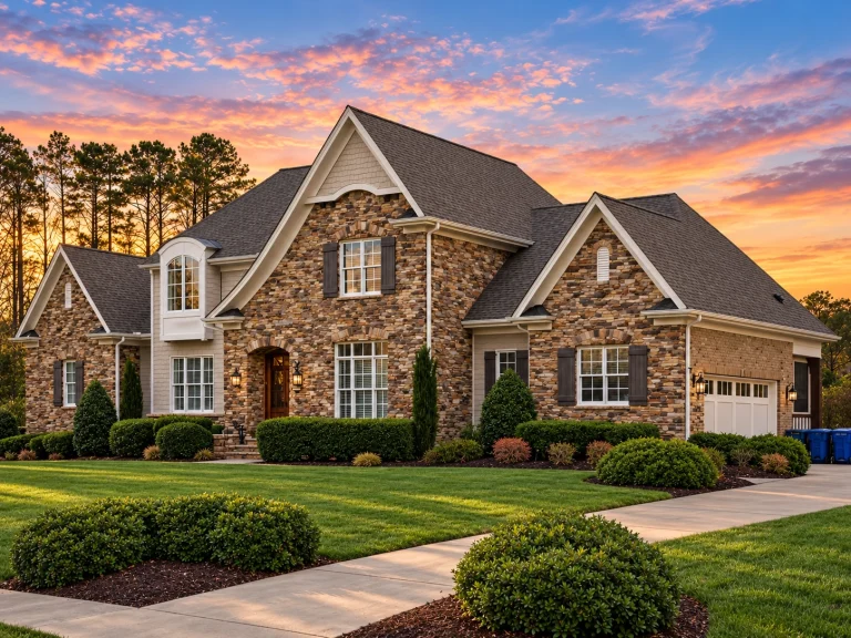 Beach House Plans 6 Front elevation of a Traditional New American style home featuring stone veneer, horizontal siding, gabled rooflines, and symmetrical windows
