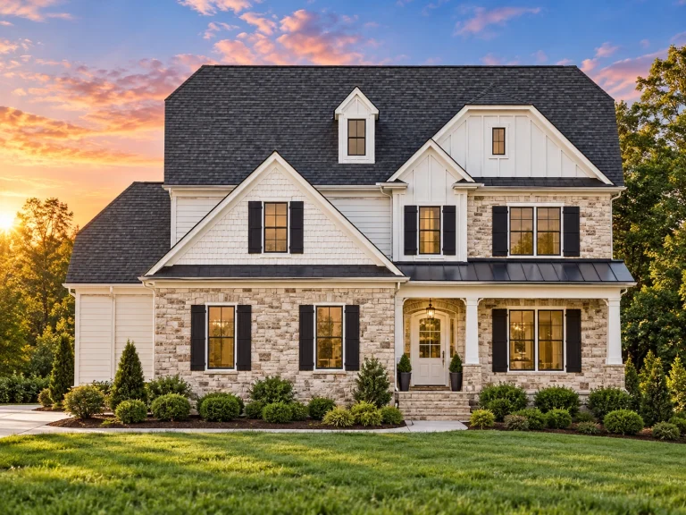 Front elevation of a Modern Farmhouse New American style home with board and batten siding, stone foundation, and covered front porch