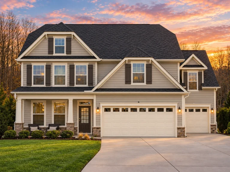 Front elevation of a New American Modern Traditional house featuring horizontal siding, stone accents, and a three-car garage