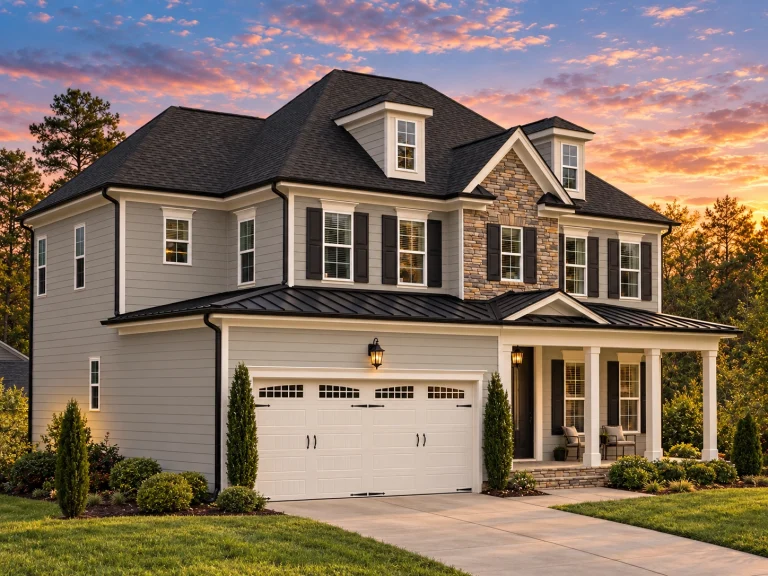 Classic Suburban House Plans 13 Front elevation of a Traditional Colonial style home featuring lap siding, stone accent entry, dormer windows, and an attached two-car garage