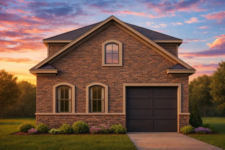 Front elevation of a Traditional Suburban style small home with horizontal siding, stone base, arched windows, and single-car garage